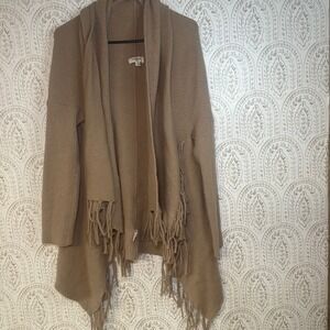 Umgee USA Women's Tan Cardigan Sweater Fringe‎ Waterfall Duster M Boho Chic